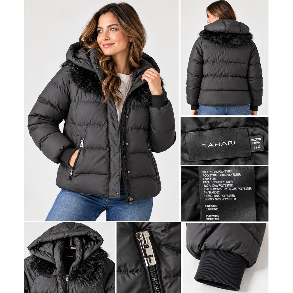 Tahari Puffer Jacket Black Hooded Faux Fur Trim Quilted Winter Coat Women Large